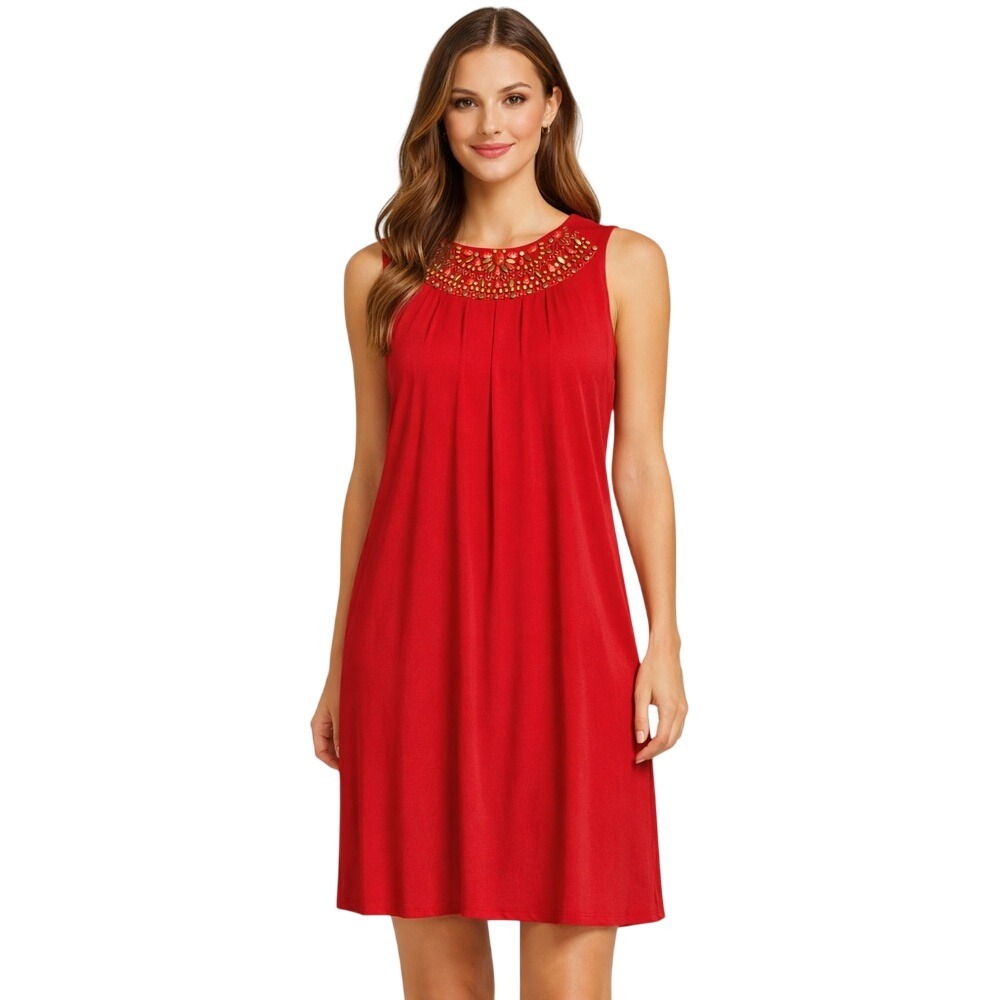 Jessica Howard Red Sleeveless Midi Dress with Beaded Yoke